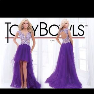 Tony bowls purple high low prom gown size 6